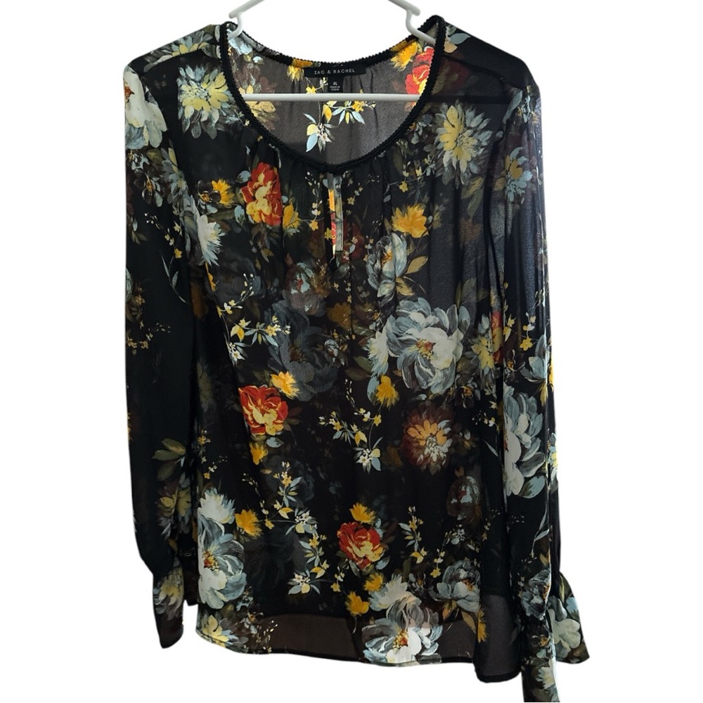 Zac and Rachel XL Top Floral Sheer Lite Wgt Shell Blouse Keyhole Neck Long Slv